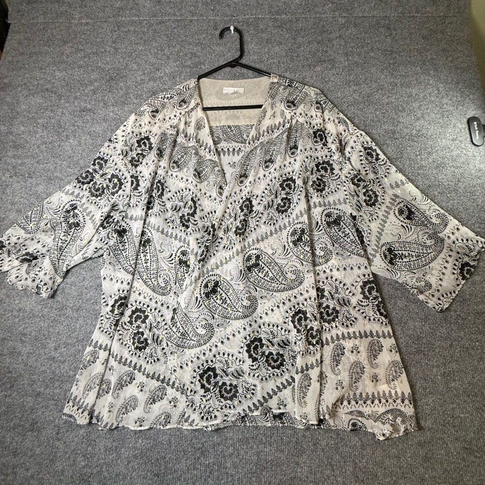Marybelle Womens 2X Paisley Kimono Top Black White Gold Metallic Sheer J432-W239